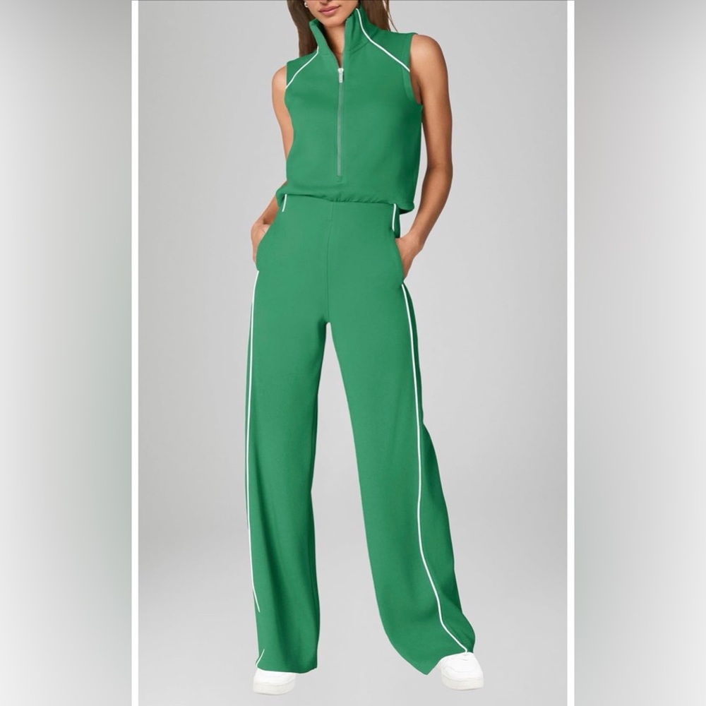 Wide-Leg Green Track Pants with Side Stripe